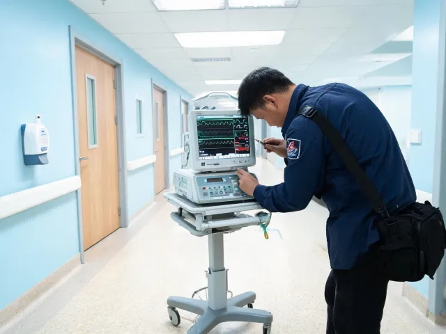 Field service engineer servicing hospital monitor