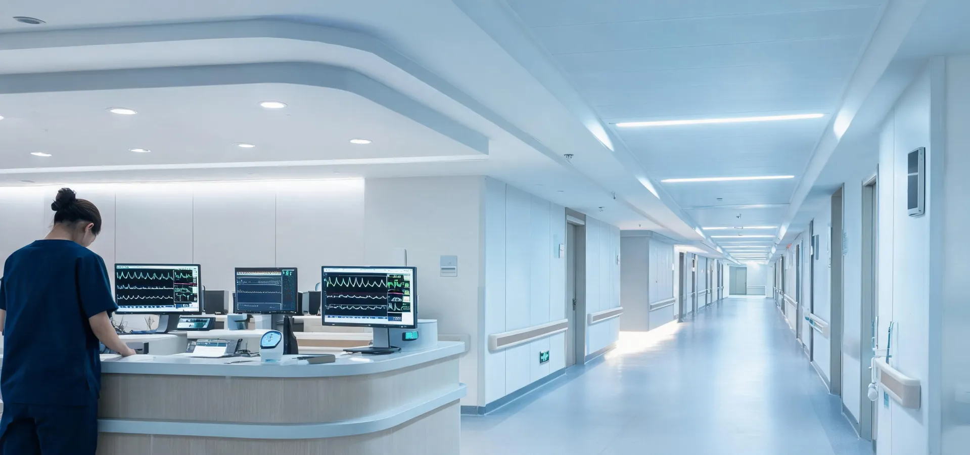 Modern hospital corridor clinical environment