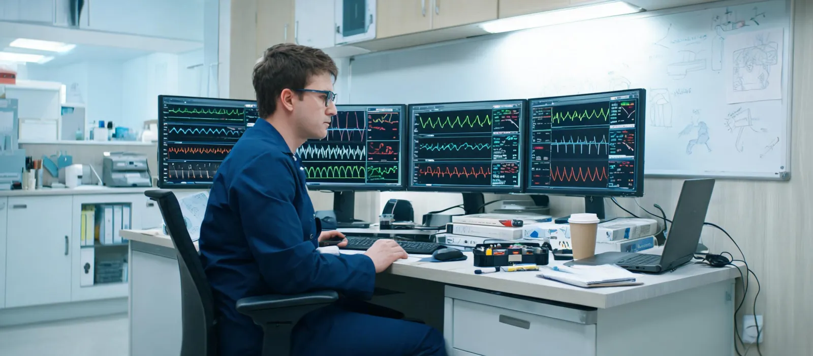 Clinical engineer reviewing monitor telemetry